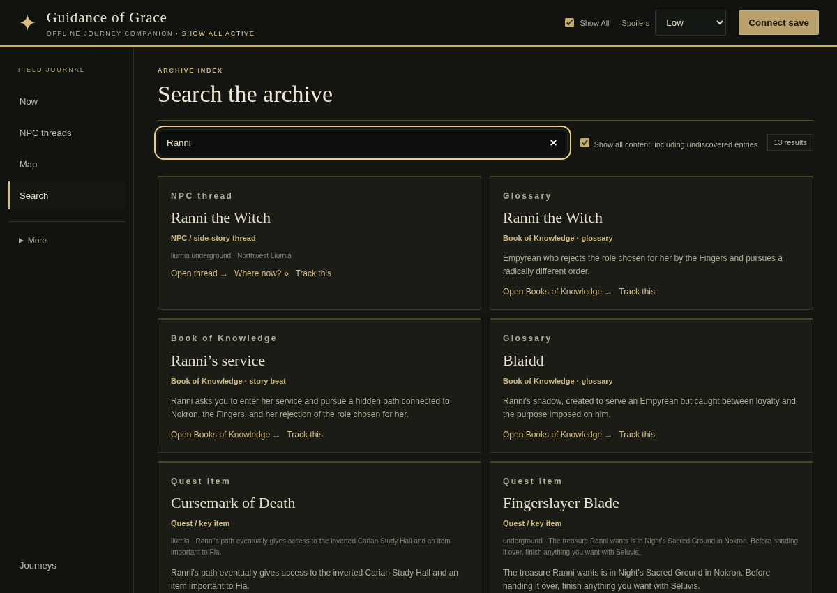 Find a person, item, or place. Searching the bundled archive for Ranni, with links back to the relevant threads and reference entries.