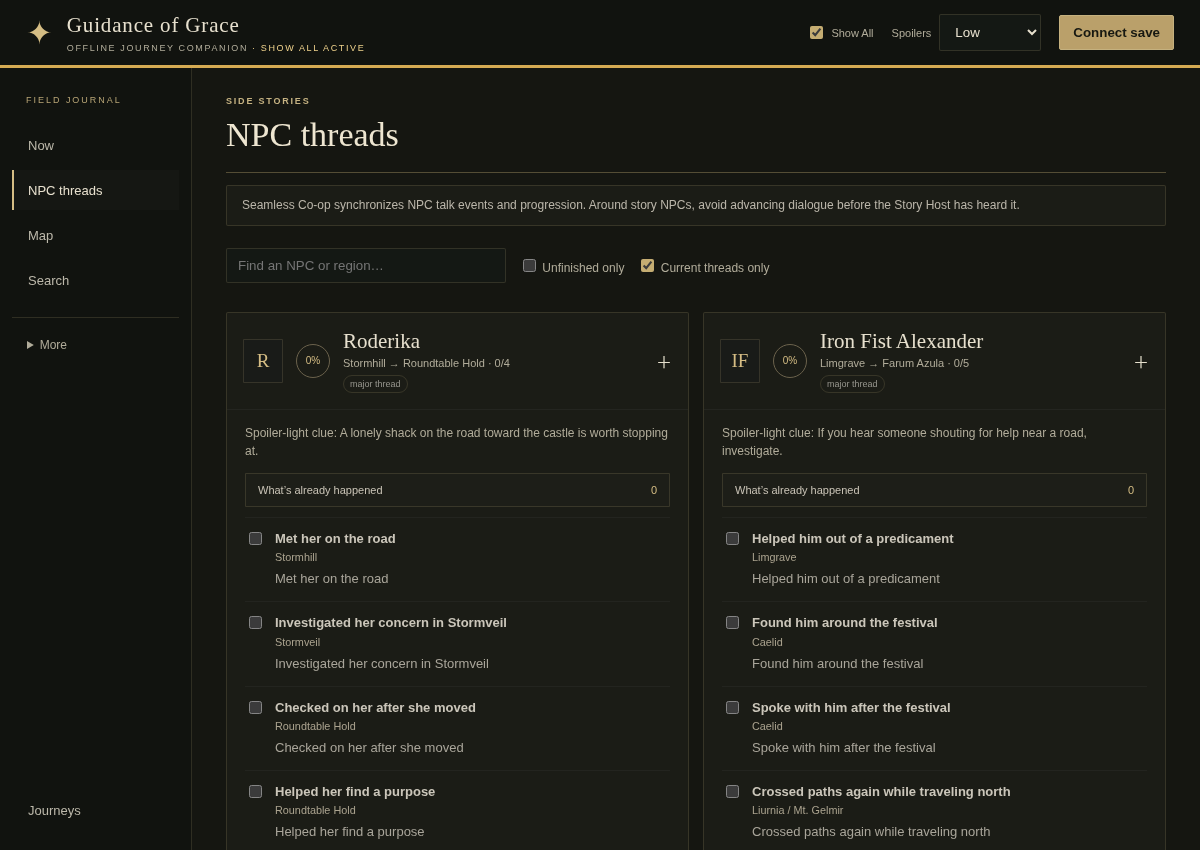 Follow a character’s story. The actual NPC threads view. Show All is enabled for this walkthrough; no personal game save is loaded.